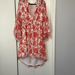 Adrianna Papell Floral Print Dress Sheer Long Sleeve V Neck Red White